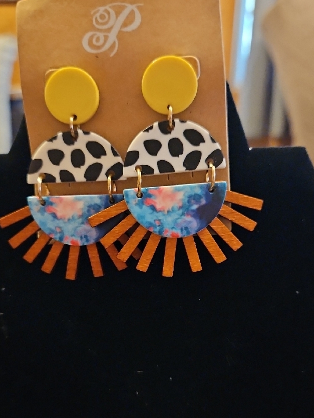 Plunder Yellow, Black, White, Blue, Orange Mixed-Media Statement Earrings